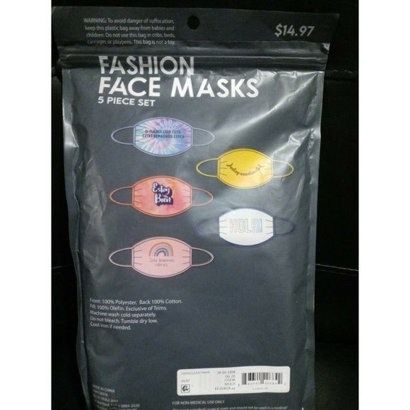 Fashion Face Sports Mask, 5-Pack, Washable Re-Usable. One Size Fits Most Adults - Picture 10 of 11